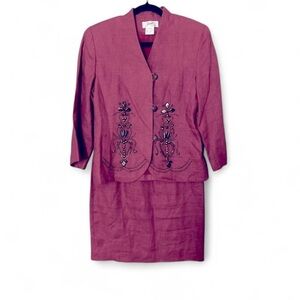 Vintage 80s/90s Mauve Linen Beaded Skirt Suit Size 9 Embroidered Blazer Jacket